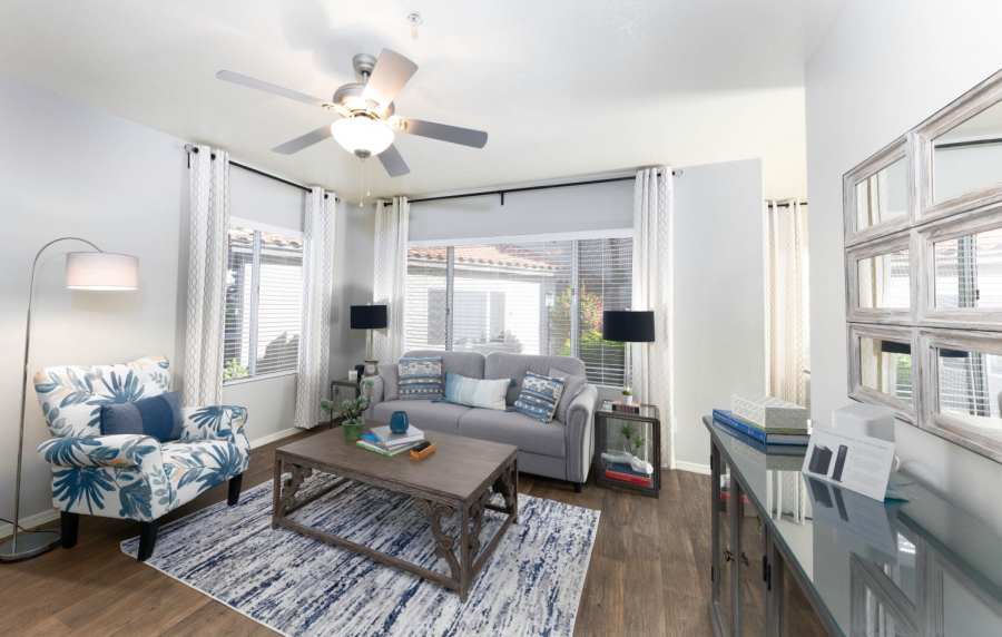 Elegant and spacious living room at Alcove at the Islands in Gilbert, Arizona