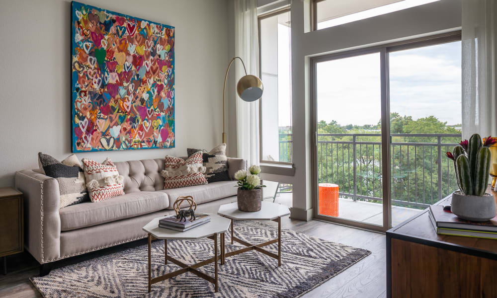 Model living room at Bellrock Summer Street in Houston, Texas