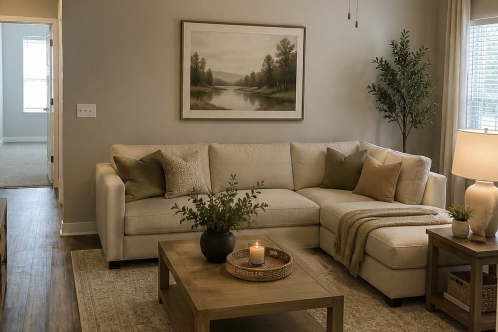 Living space with wood style flooring at Meridian Oaks Apartments in Greenwood, Indiana