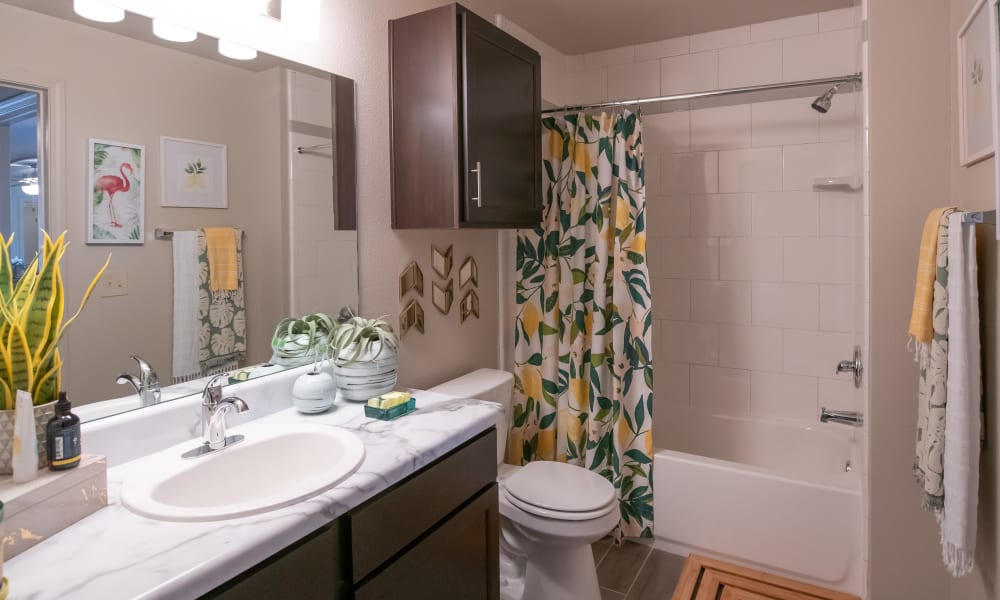 Clean, spacious bathroom at Portico at Friars Creek Apartments in Temple, Texas
