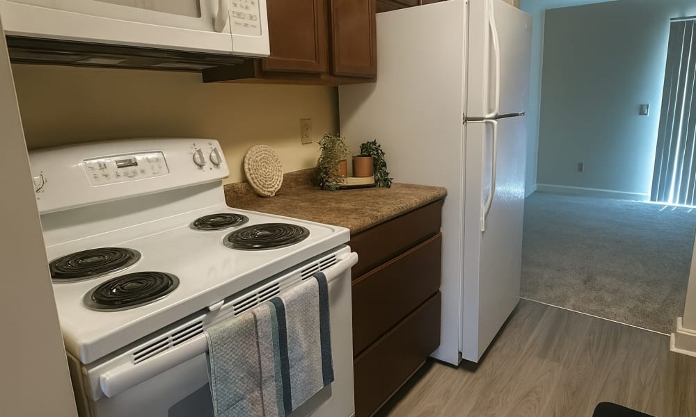 Modern appliances in a model home's kitchen at Crown Villa Apartments in Savannah, Georgia
