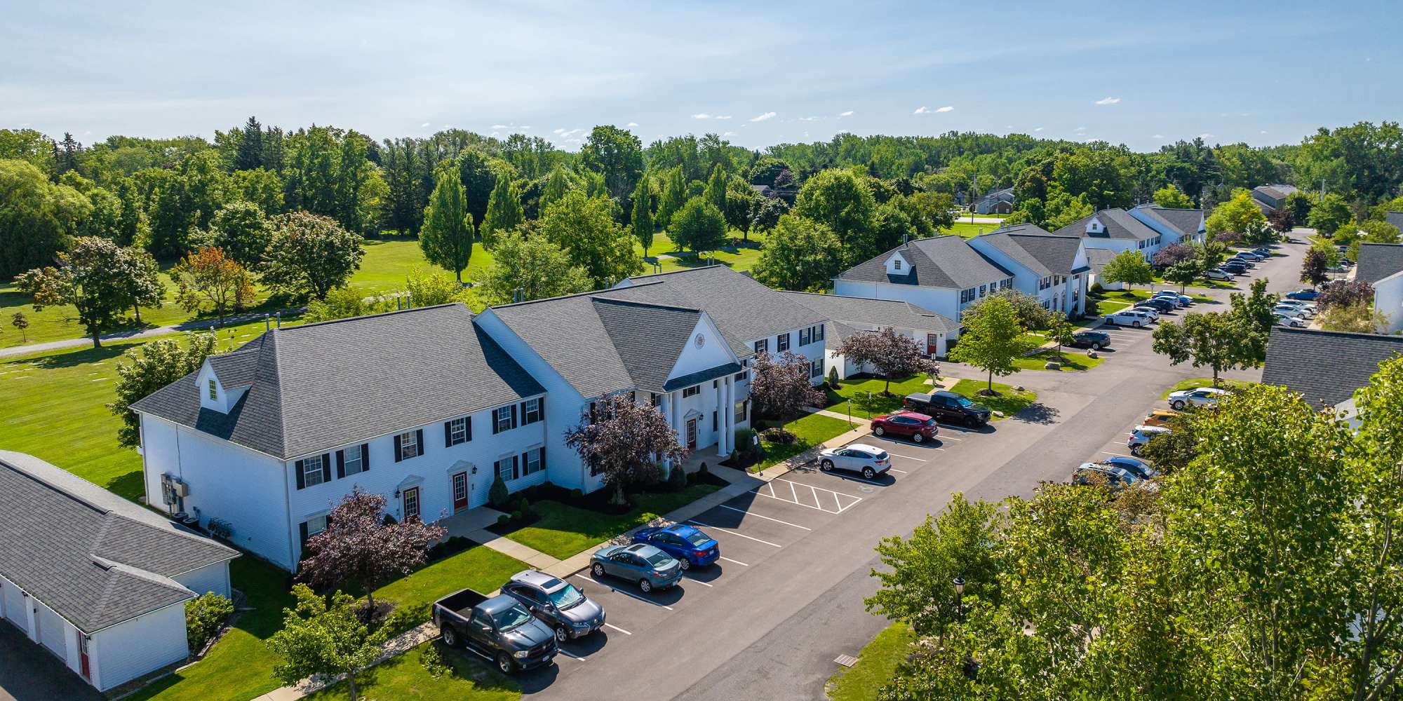 Drone shot of community apartments at Brookhaven Apartments in Lancaster, New York