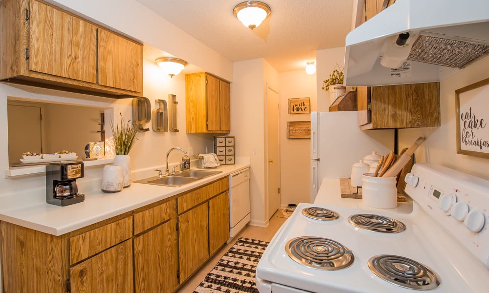 An apartment kitchen at Waters Edge in Oklahoma City, OK