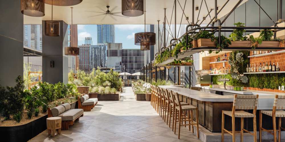Beautiful rooftop lounge at Sienna At The Thompson in Austin, Texas