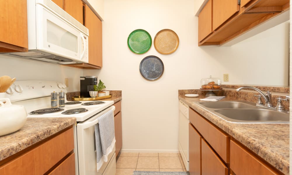 An apartment kitchen at Mountain Village in El Paso, Texas