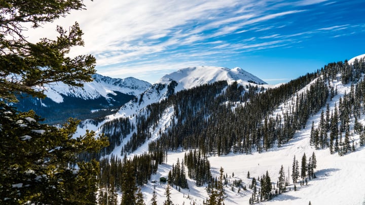 Landscape view of a snowy mountain with ski slopes and green pine trees under sunny blue skies