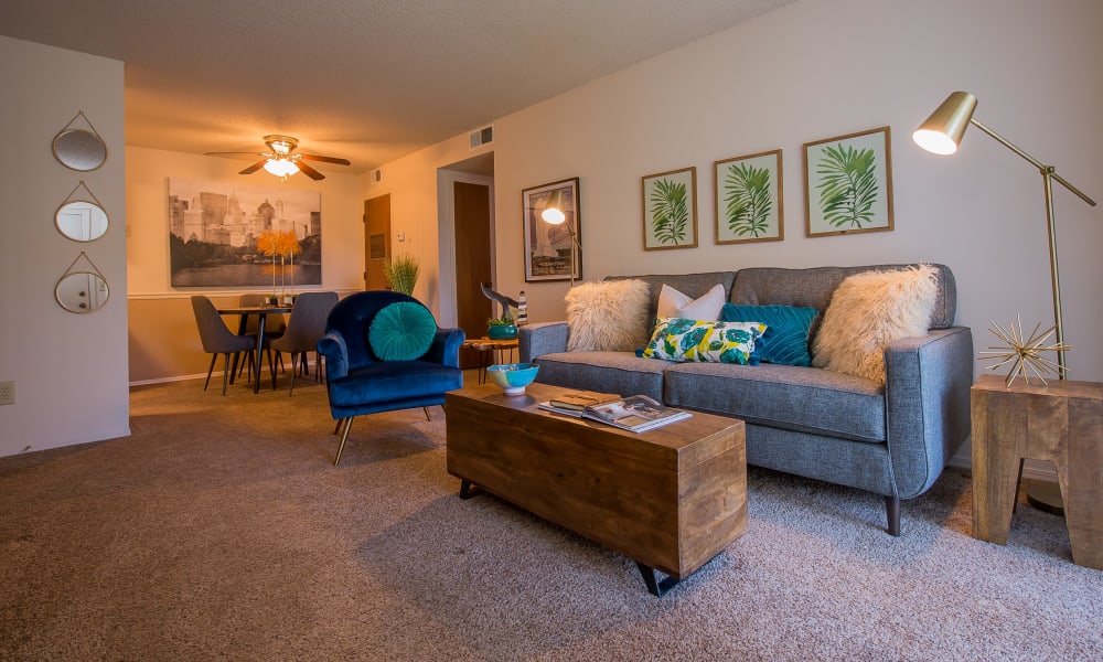 Model living room with open floor plan at Silver Springs Apartments in Wichita, Kansas