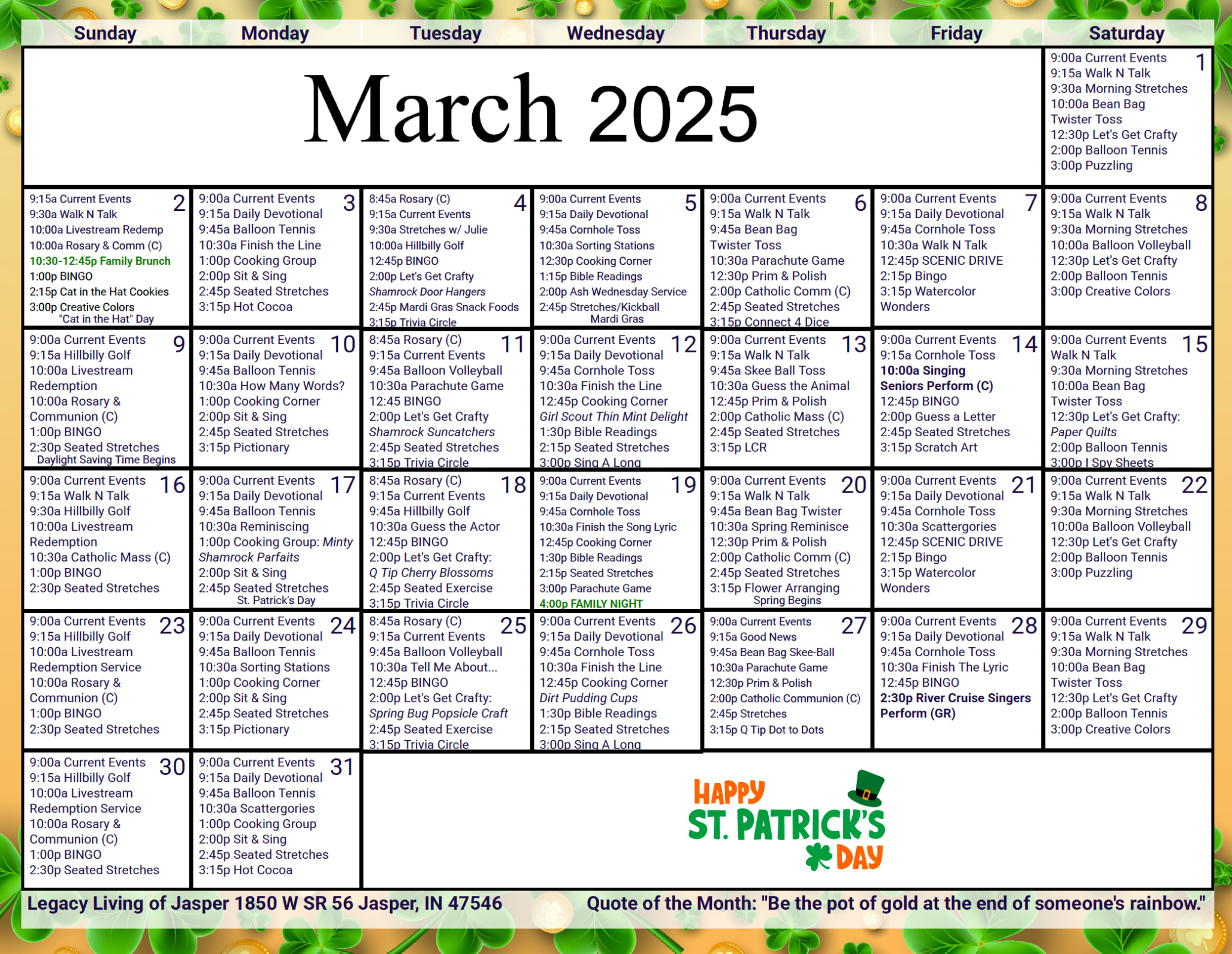 March Calendar at Legacy Living Jasper in Jasper, Indiana