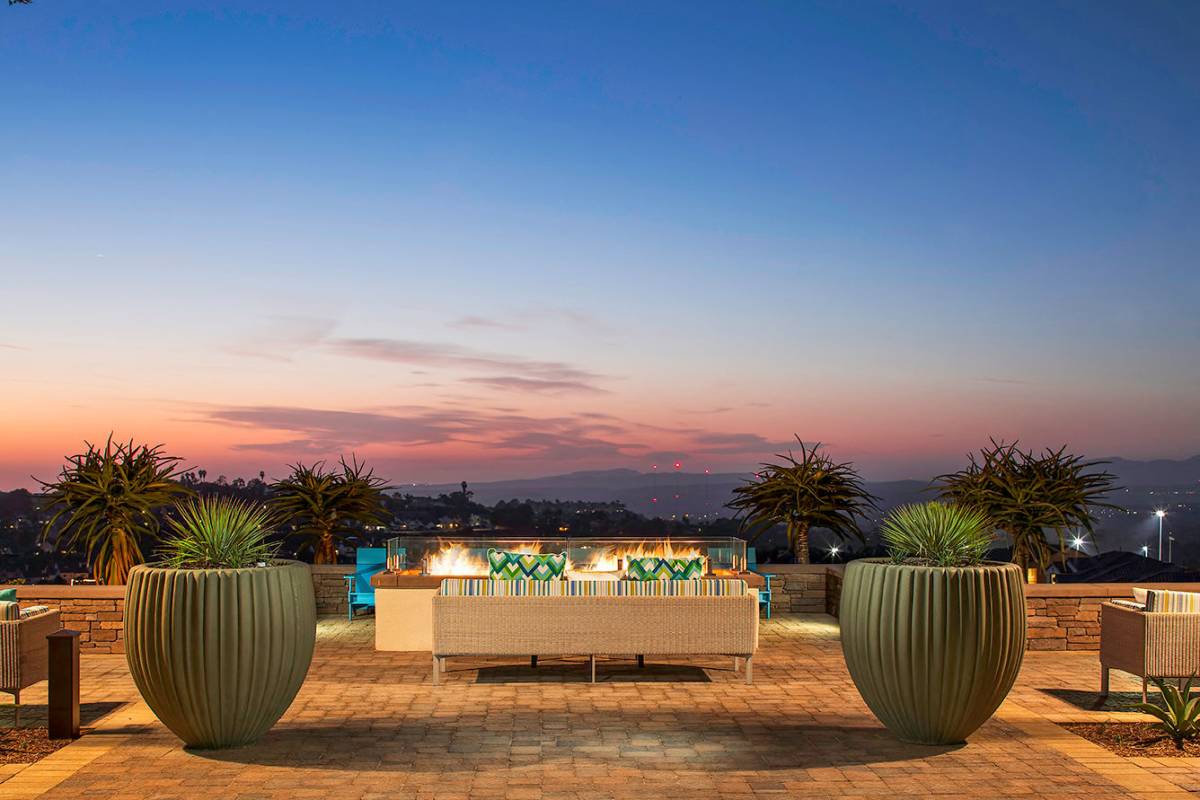 Outdoor community space with neighborhood views at Skye Apartments in Vista, California