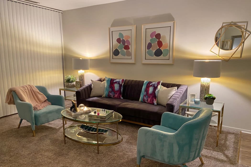 Living Room in a model home at The Timbers at Long Reach Apartments in Columbia, Maryland