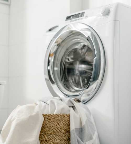 A washing machine in the laundry room at Unionville Station Townhomes in Hilton, New York