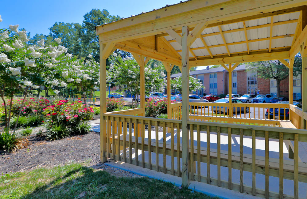 Pavilion and gardens at Skylark Pointe Apartment Homes in Parkville, Maryland