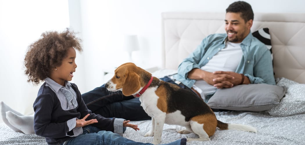 Father, daughter and their dog enjoying their new home at Avalon Townhomes in Hampton, VA