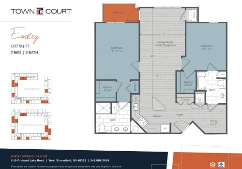 The Emery floor plan image at Town Court in West Bloomfield, Michigan