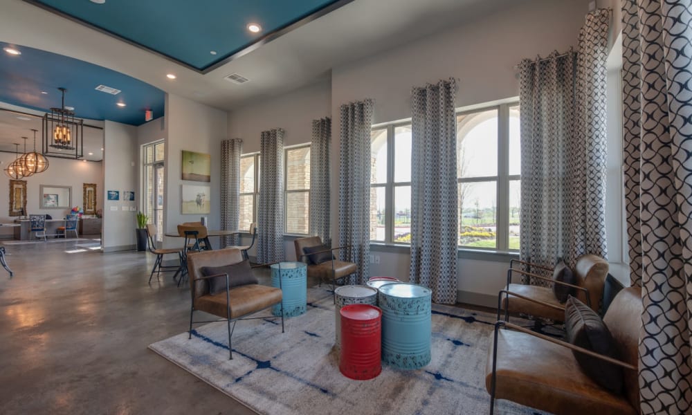 Industrial style office area in clubhouse at Bellrock Upper North in Haltom City, Texas