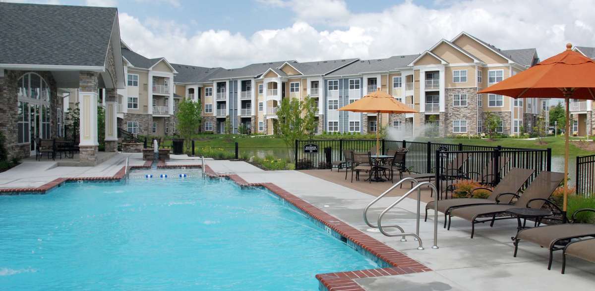 Swimming pool area with deck chairs at The Cascades, Virginia Beach, Virginia