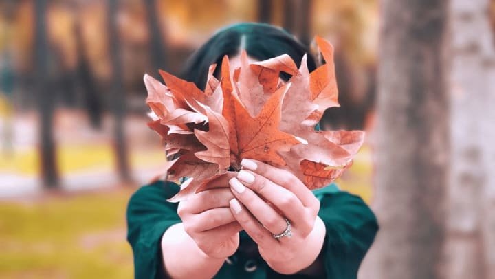 Girl holding some fallen leaves in the Fall