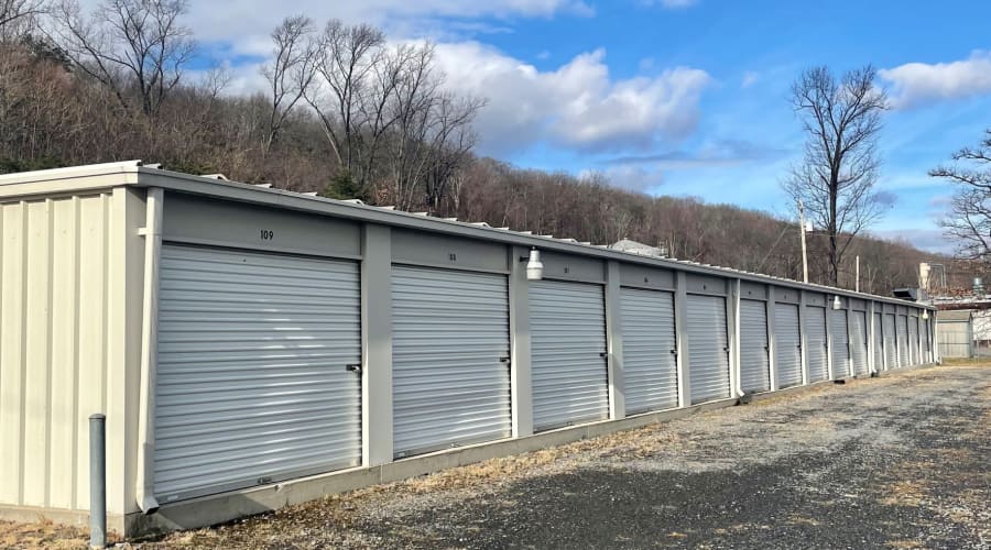 Outdoor storage units on a sunny day at KO Storage in Berkeley Springs, West Virginia