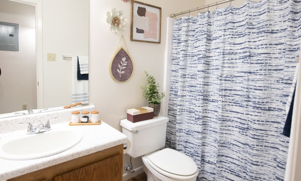 An apartment bathroom at The Mark Apartments in Ridgeland, MS