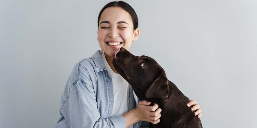 Happy resident and her dog playing at 811 East Downtown in Knoxville, Tennessee