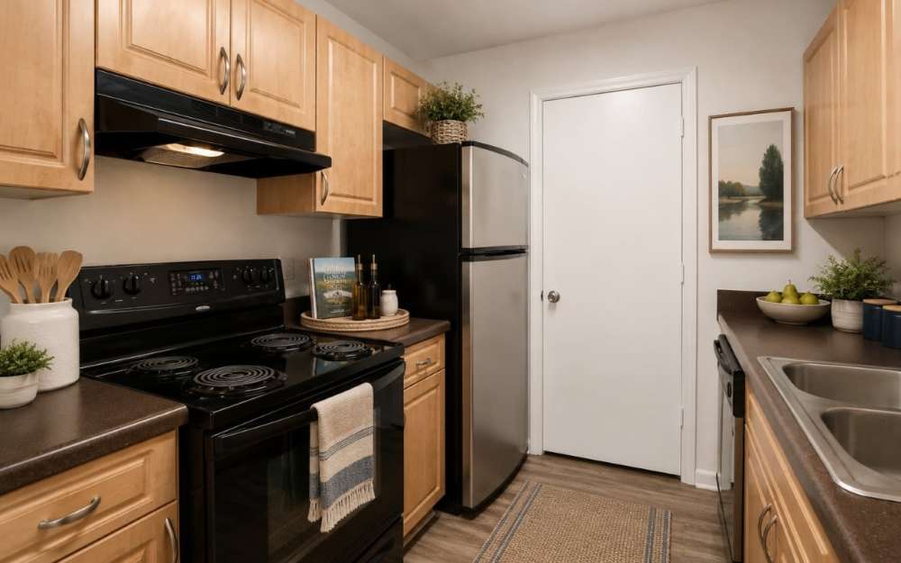Kitchen with maple cabinets and black appliances at St. Andrews Commons Apartment Homes in Columbia, South Carolina. 