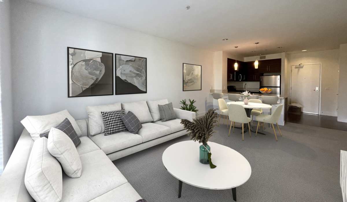 Spacious living room with close access to kitchen at The Marke Apartment Homes in Santa Ana, California