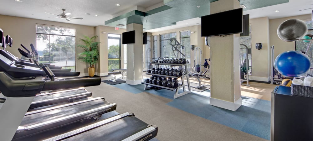 Fully equipped fitness room at The Courtney at Lake Shadow in Orlando, Florida
