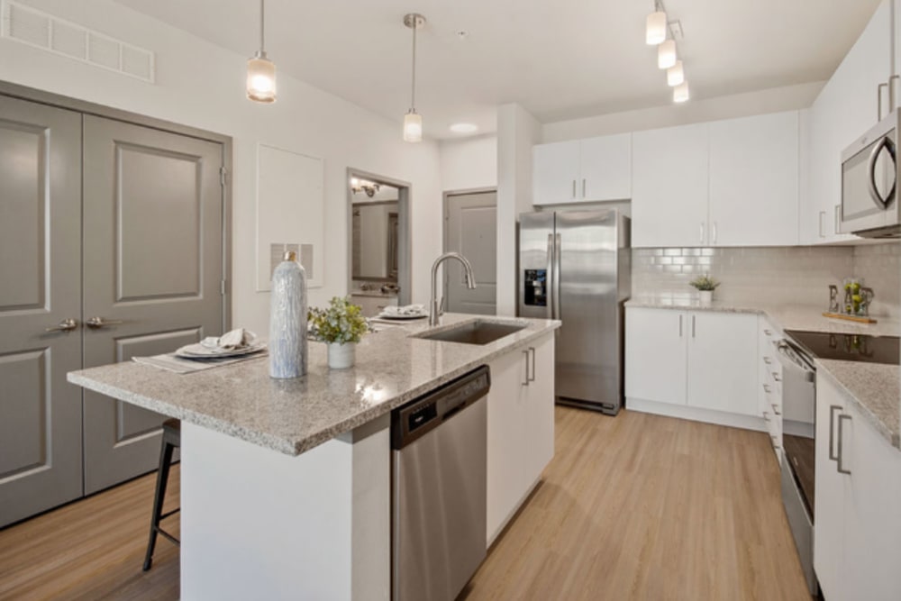 Beautiful kitchen with stainless-steel appliances at Murano at Three Oaks in Fort Myers, Florida