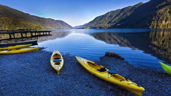 Yellow kayaks on the shoreline of a lake