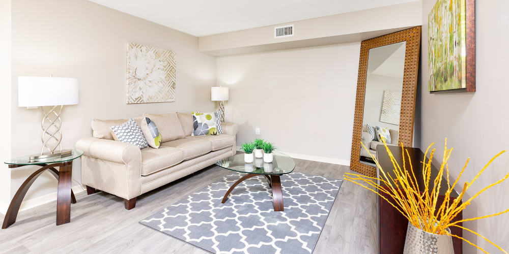Model living room at Club Lake Pointe Apartments in Coral Springs, Florida