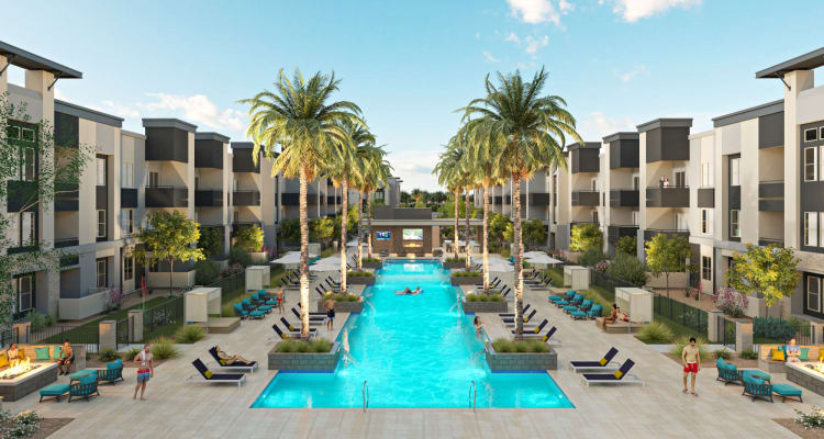 Courtyard with luxury pool and cabanas at Aviva Goodyear in Goodyear, Arizona