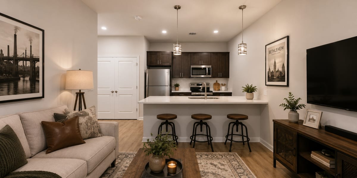 Kitchen island with bar stools at Bethlehem Commons in Bethlehem, Pennsylvania