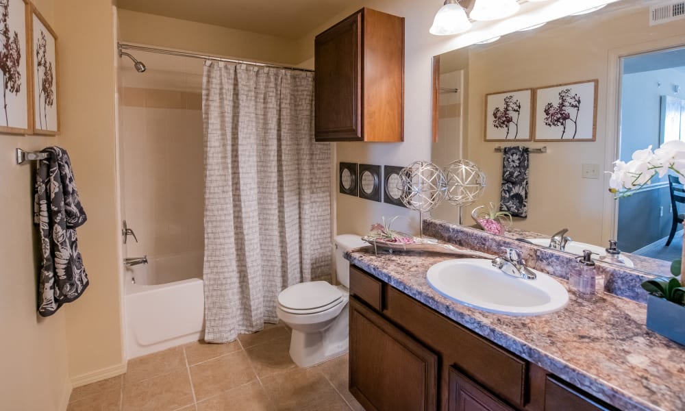An apartment bathroom at Tuscany Hills in Tulsa, Oklahoma