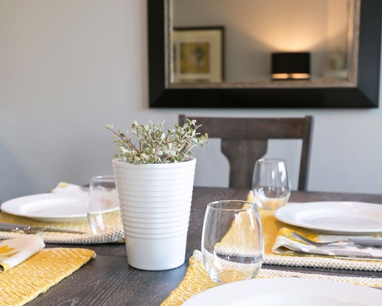 Closeup view of the dining table set in a model home at Sofi Lakeside in Everett, Washington