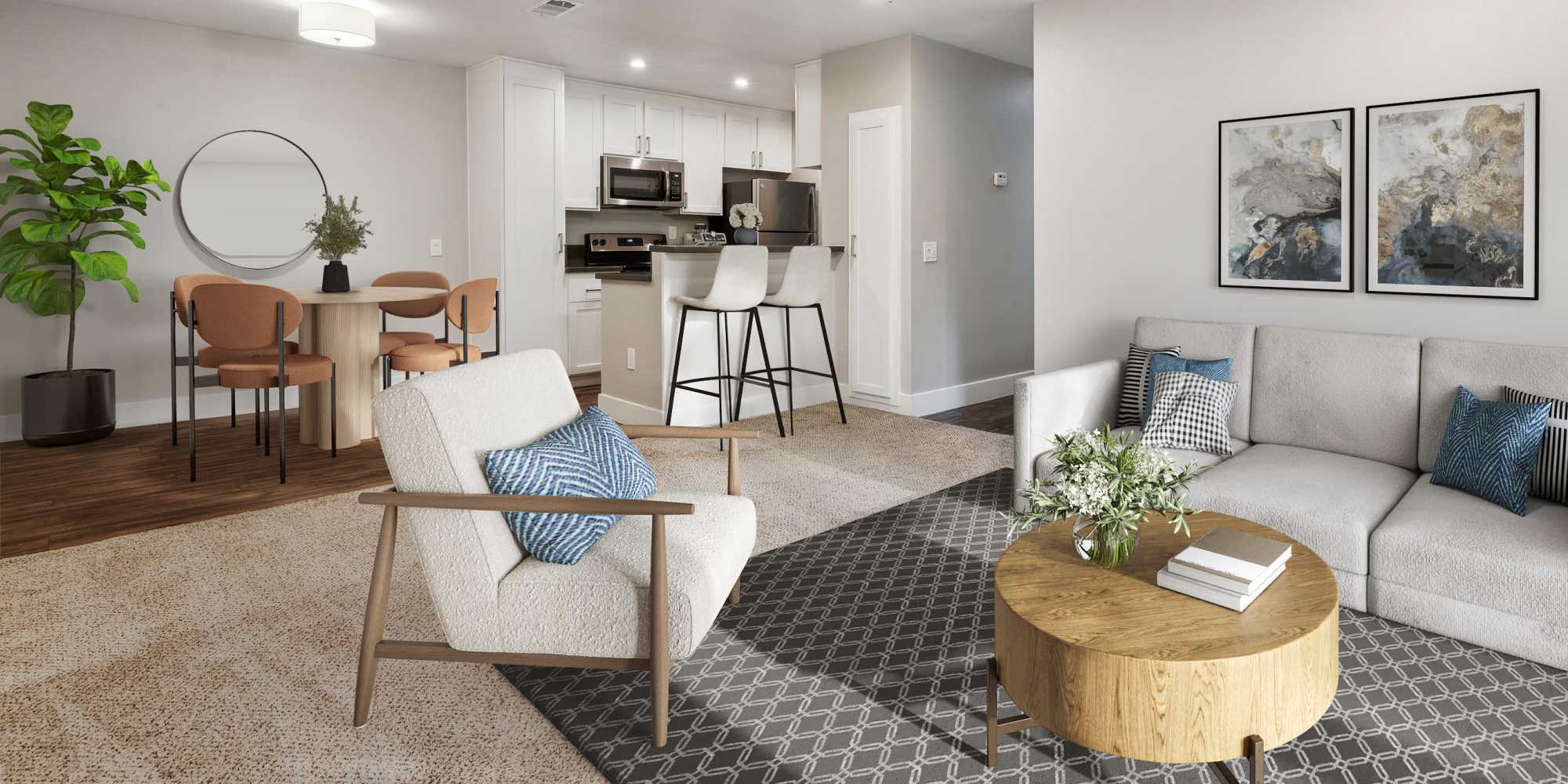 Living room, dining room, and kitchen at Muirwood Apartment Homes in Martinez, California