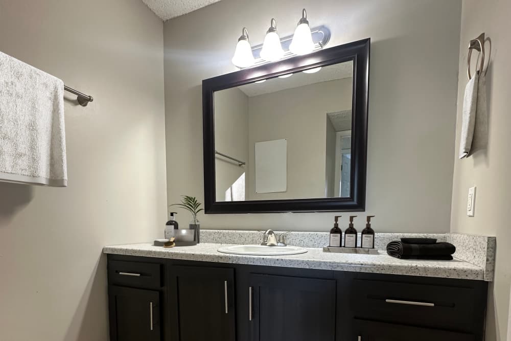 Bright bathroom with plenty of counter space at The Village at Crestview Apartments in Madison, Tennessee