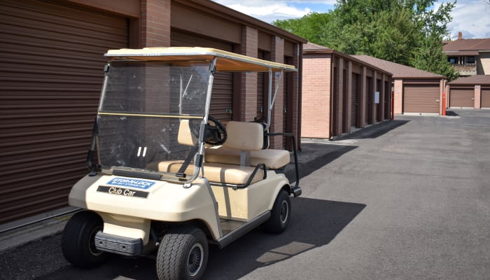 A golf cart in front of exterior storage units at STOR-N-LOCK Self Storage in Boise, Idaho