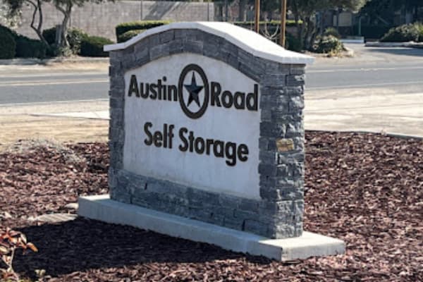 Welcoming entry sign at Austin Road Self Storage in Manteca, California.  