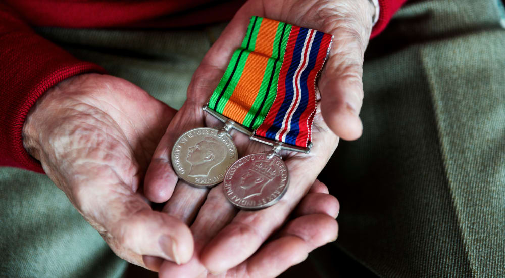 A veteran's medals at Patriots Landing in DuPont, Washington. 