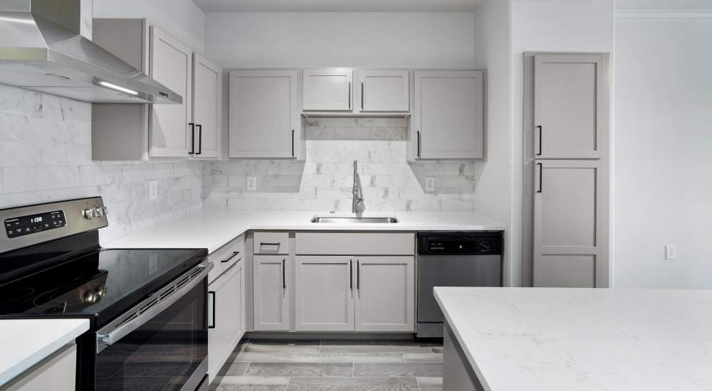 Kitchen with quartz countertop at Trinity Bluff & Trinity District in Fort Worth, Texas