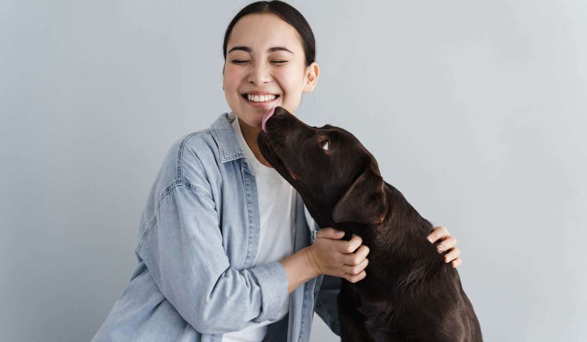 Resident petting her dog at The Marke Apartment Homes in Santa Ana, California