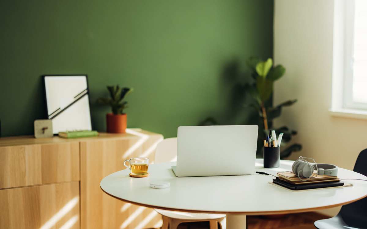 Home office workspace with laptop at Skyview Downtown in Springfield, Massachusetts 