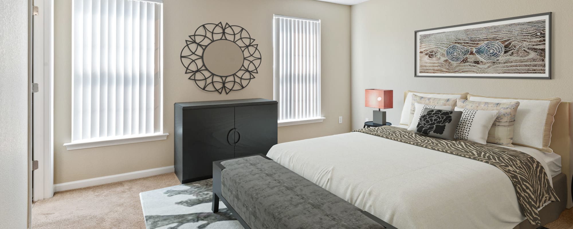 A furnished bedroom in a home at The Village at Carolina Meadows in Chesapeake, Virginia