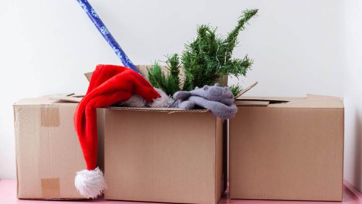 Three boxes with seasonal Christmas decorations