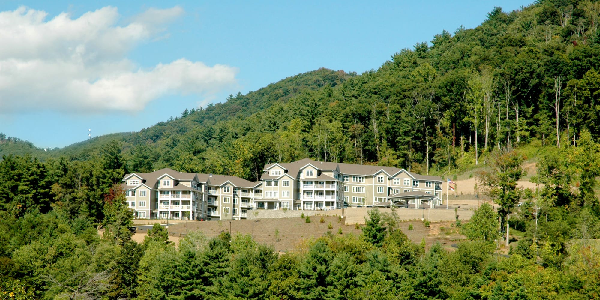 View from the bottom fo the hill at Bella Vista Gracious Retirement Living in Asheville, North Carolina