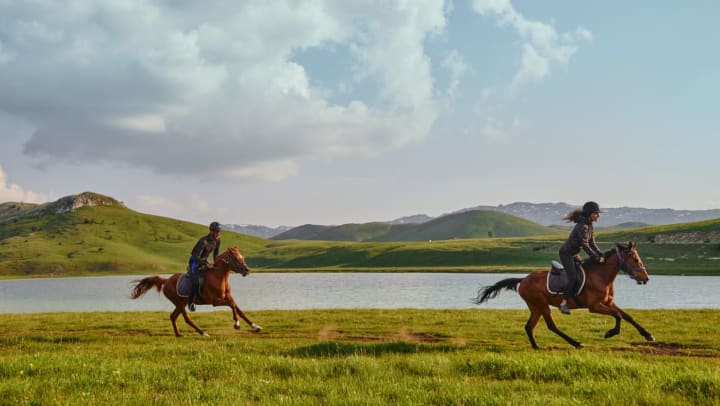 two people riding horses across a grassy area with a lake in the background