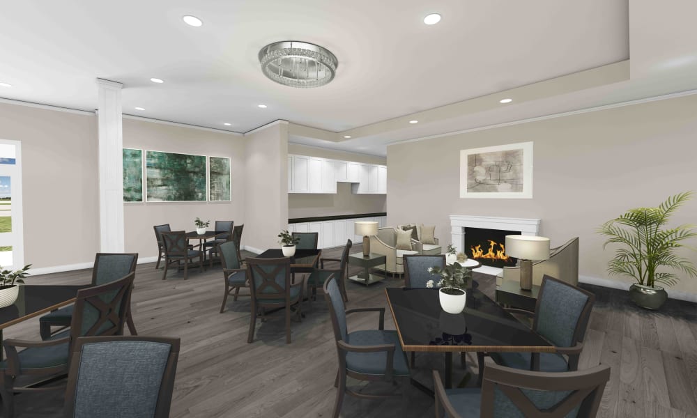 Dining area near fireplace at Keystone Place at Magnolia Commons in Glen Carbon, Illinois