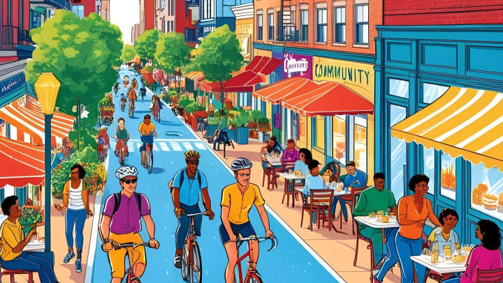 A vibrant painting depicting people riding bicycles along a bustling city street, showcasing shops and restaurants in Auburn Hills, MI