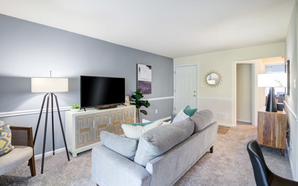 Model living room at Fox Run Apartments & Townhomes in Bear, Delaware