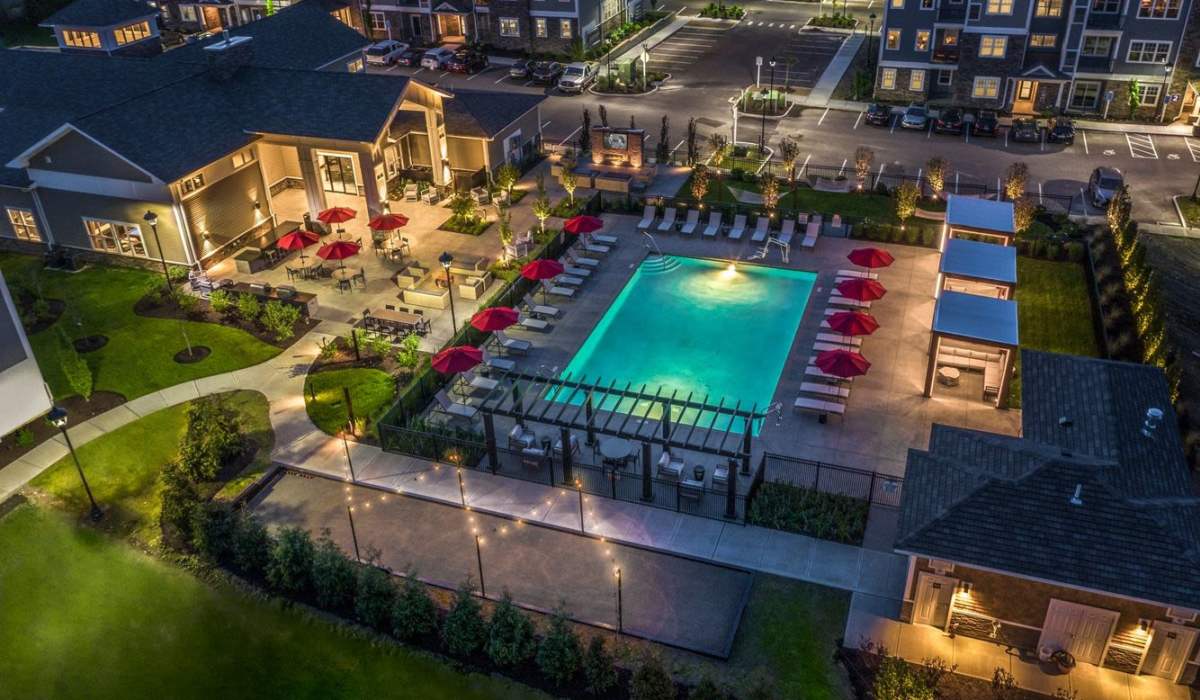 Night shot of the pool area at Ten Trumbull in Trumbull, Connecticut 